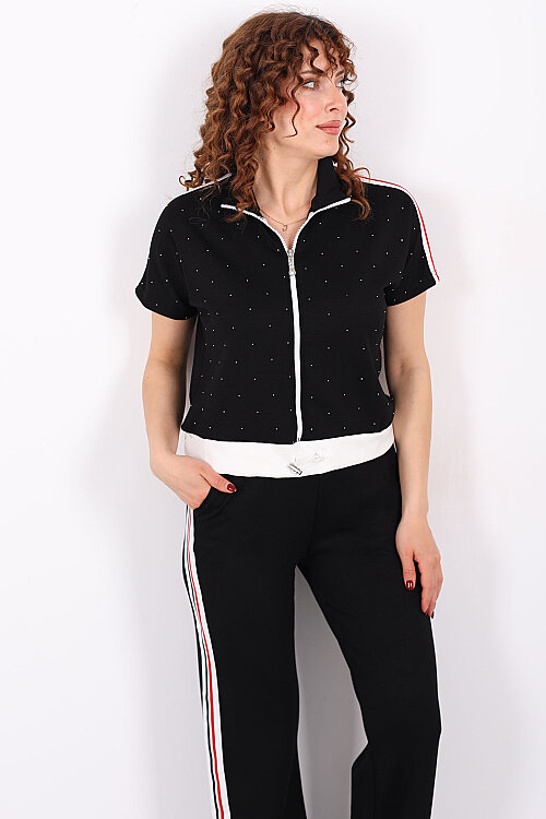 Serpme Taşlı Şerit Garnili Stoperli Siyah Kadın Takım - Berox