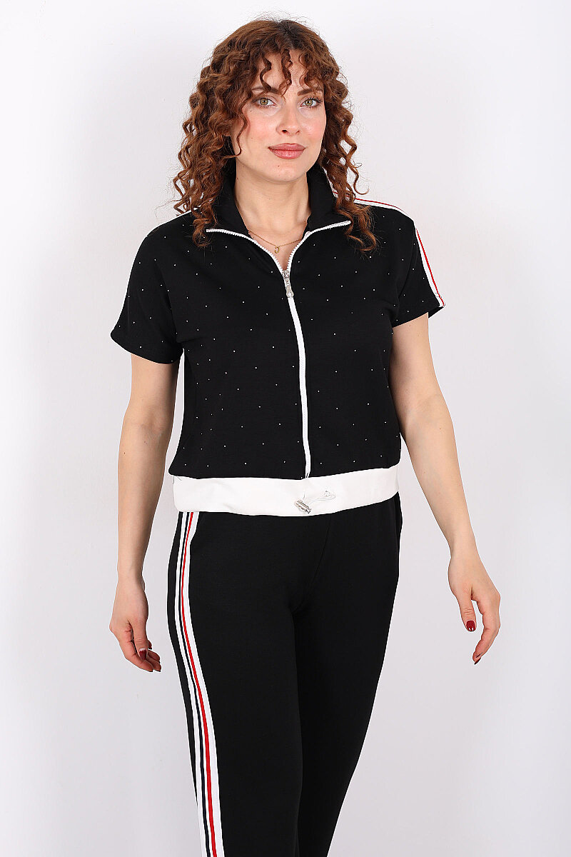 Serpme Taşlı Şerit Garnili Stoperli Siyah Kadın Takım - 4