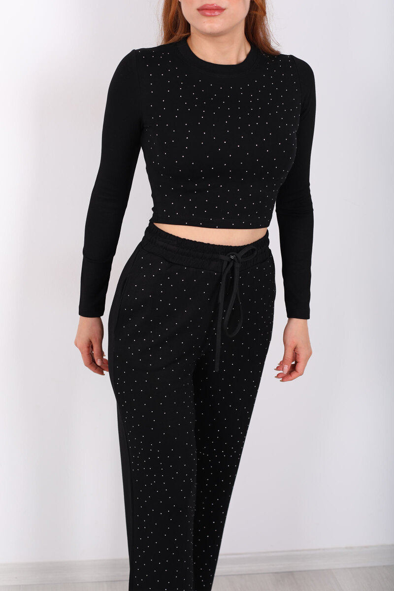 Serpme Taşlı Uzun Kollu Siyah Kadın Modal Crop-Takım - 2