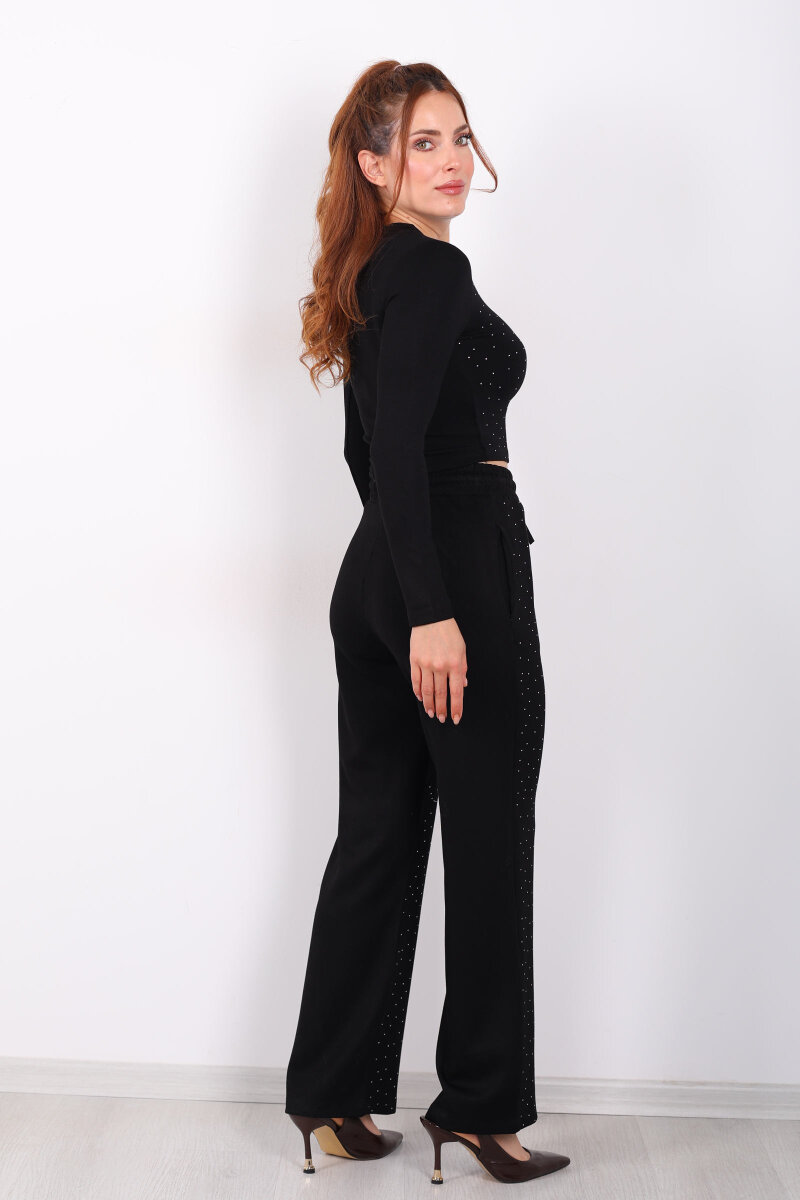 Serpme Taşlı Uzun Kollu Siyah Kadın Modal Crop-Takım - 5
