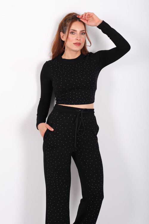 Serpme Taşlı Uzun Kollu Siyah Kadın Modal Crop-Takım - Berox