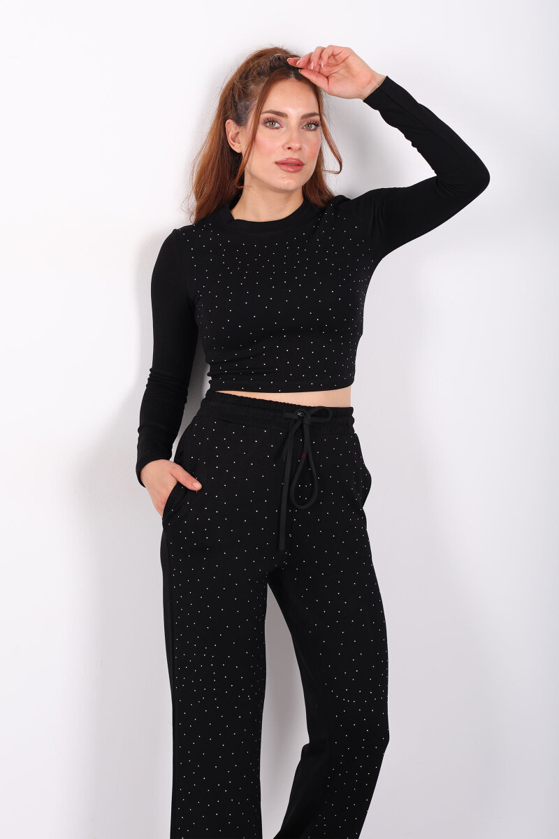 Serpme Taşlı Uzun Kollu Siyah Kadın Modal Crop-Takım - 1