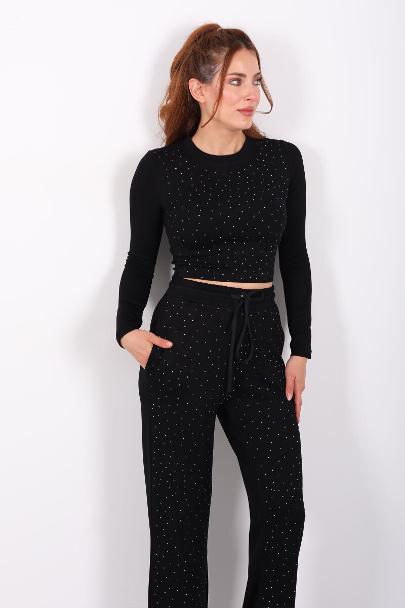 Serpme Taşlı Uzun Kollu Siyah Kadın Modal Crop-Takım - 4