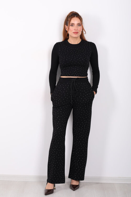 Serpme Taşlı Uzun Kollu Siyah Kadın Modal Crop-Takım - 3