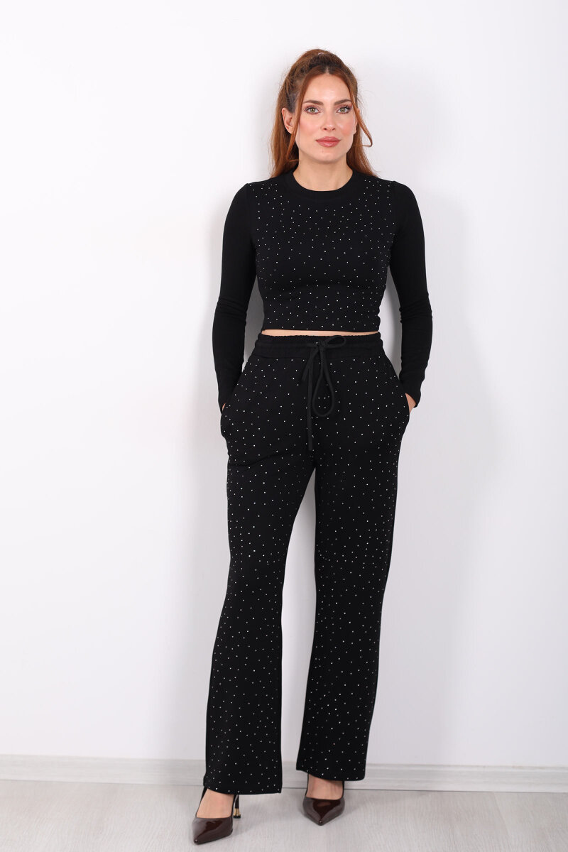 Serpme Taşlı Uzun Kollu Siyah Kadın Modal Crop-Takım - 3