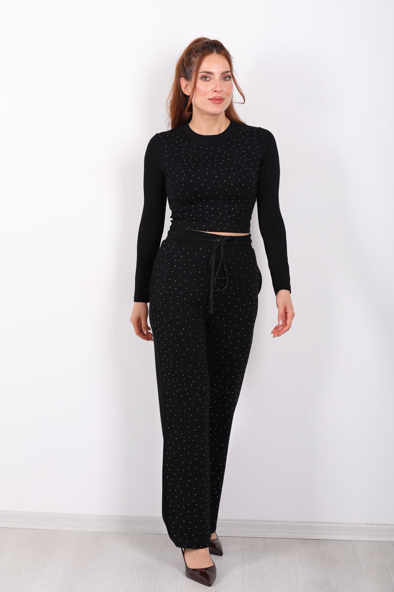 Serpme Taşlı Uzun Kollu Siyah Kadın Modal Crop-Takım - 6