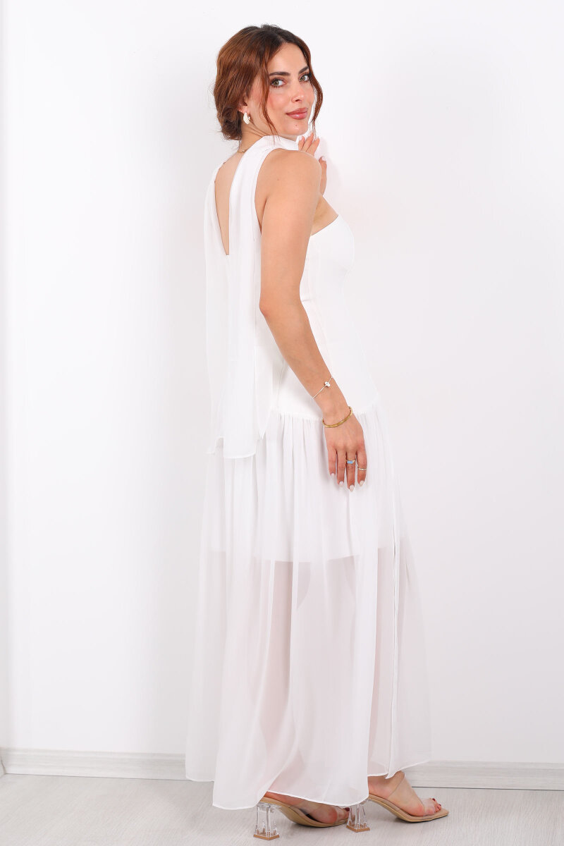 Straplez Eteği Tül Şal Aksesuarlı Yırtmaçlı Beyaz Kadın Elbise - 6