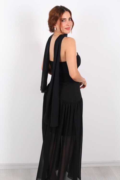 Straplez Eteği Tül Şal Aksesuarlı Yırtmaçlı Siyah Kadın Elbise - 6