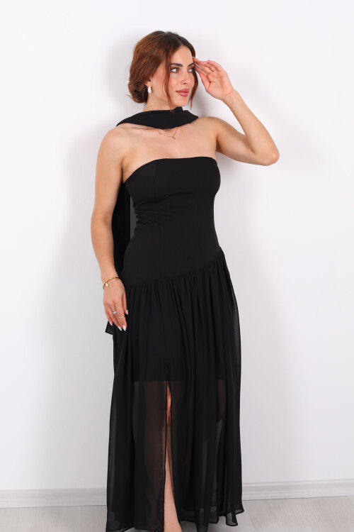 Straplez Eteği Tül Şal Aksesuarlı Yırtmaçlı Siyah Kadın Elbise - 3