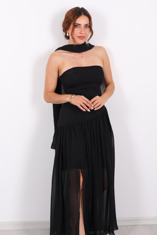 Straplez Eteği Tül Şal Aksesuarlı Yırtmaçlı Siyah Kadın Elbise - 7