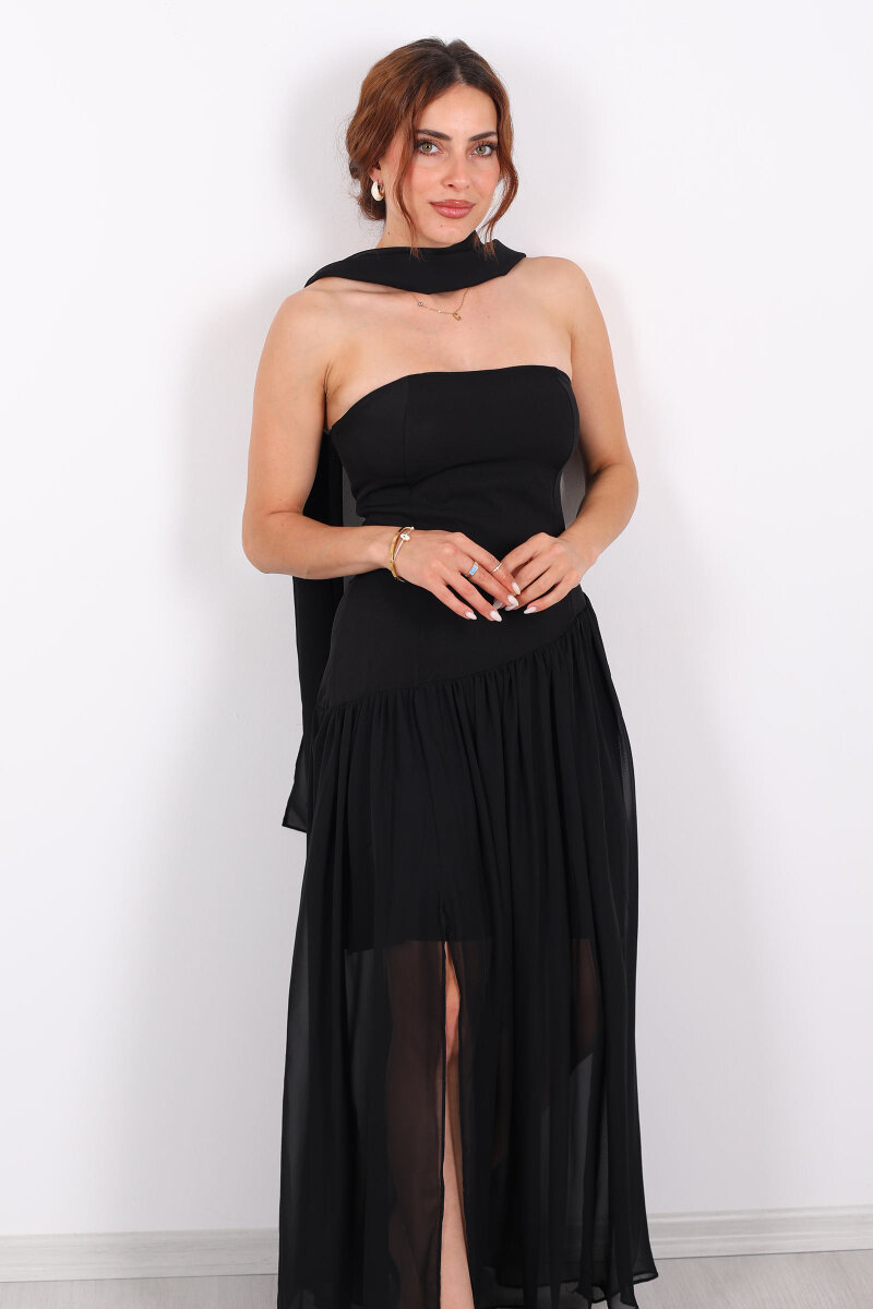 Straplez Eteği Tül Şal Aksesuarlı Yırtmaçlı Siyah Kadın Elbise - 7