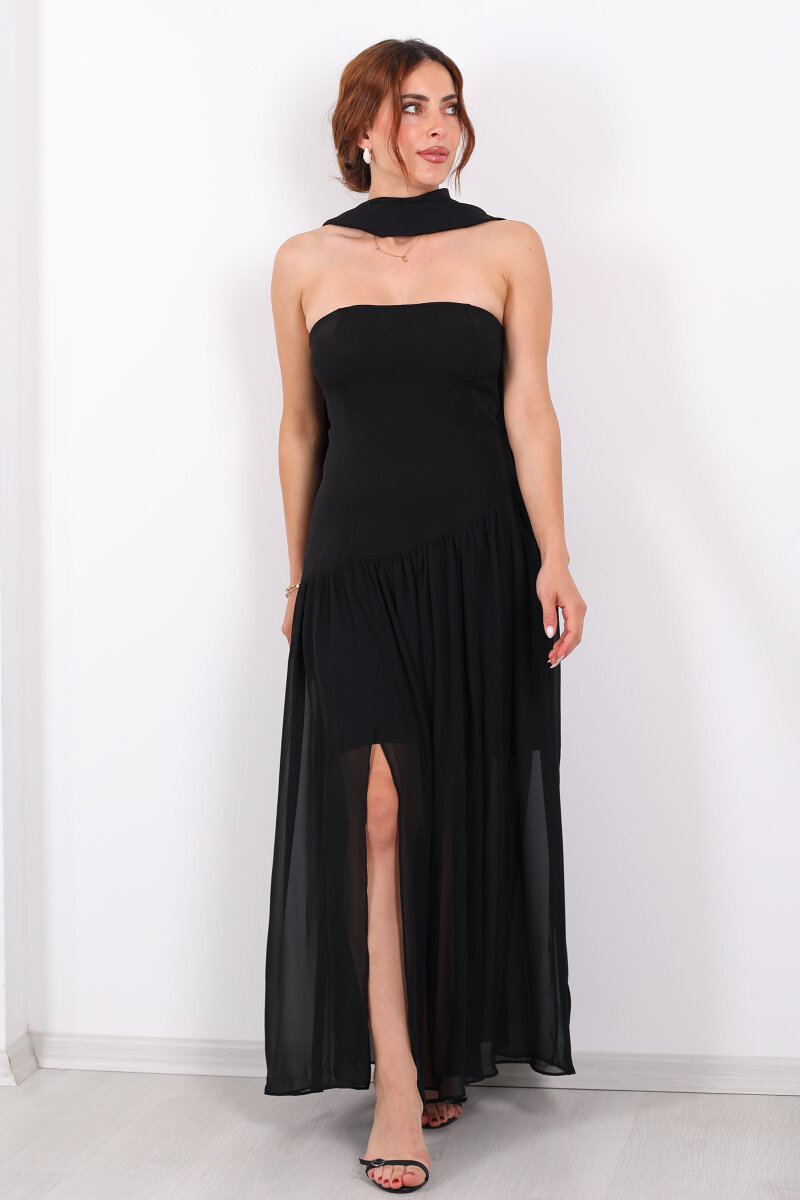 Straplez Eteği Tül Şal Aksesuarlı Yırtmaçlı Siyah Kadın Elbise - 5