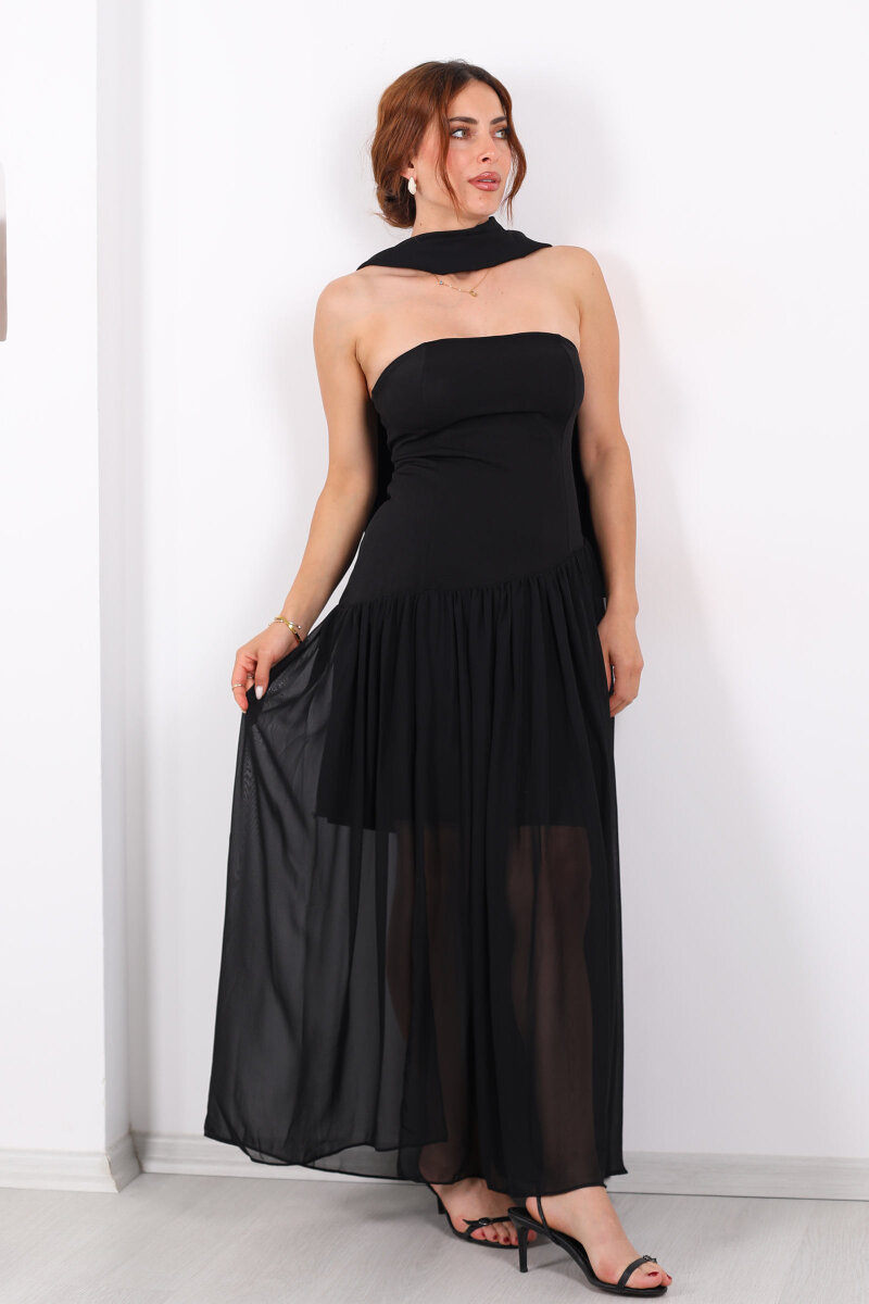Straplez Eteği Tül Şal Aksesuarlı Yırtmaçlı Siyah Kadın Elbise - 8