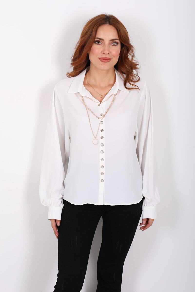 Sık Düğmeli Zincir Kolyeli Beyaz Kadın Uzun Kol Gömlek - 1