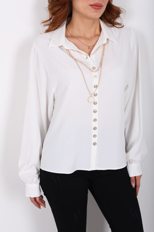Sık Düğmeli Zincir Kolyeli Beyaz Kadın Uzun Kol Gömlek - Berox (1)