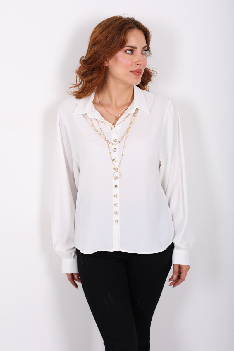 Sık Düğmeli Zincir Kolyeli Beyaz Kadın Uzun Kol Gömlek - 4