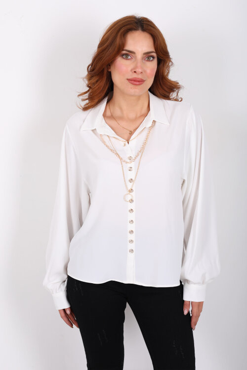 Sık Düğmeli Zincir Kolyeli Beyaz Kadın Uzun Kol Gömlek - 5