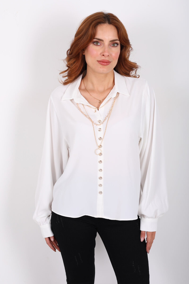 Sık Düğmeli Zincir Kolyeli Beyaz Kadın Uzun Kol Gömlek - 5