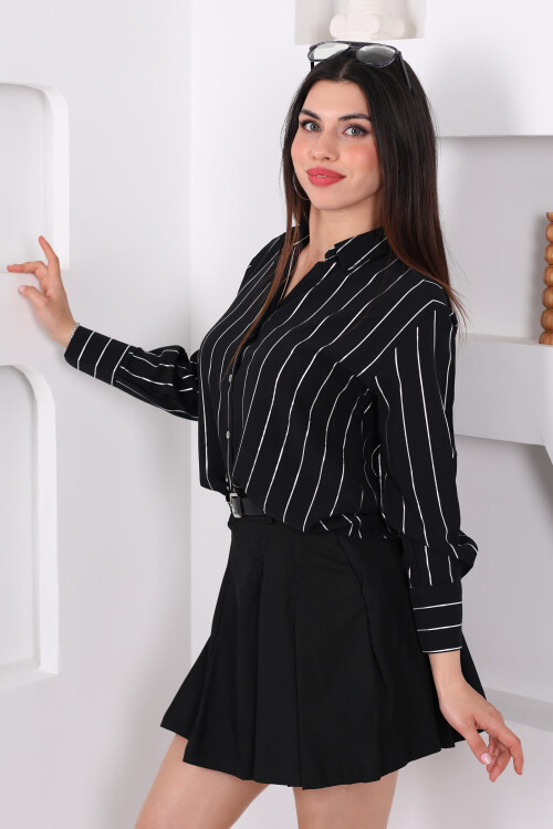 Sim Şeritli Saten Siyah Kadın Gömlek - 3