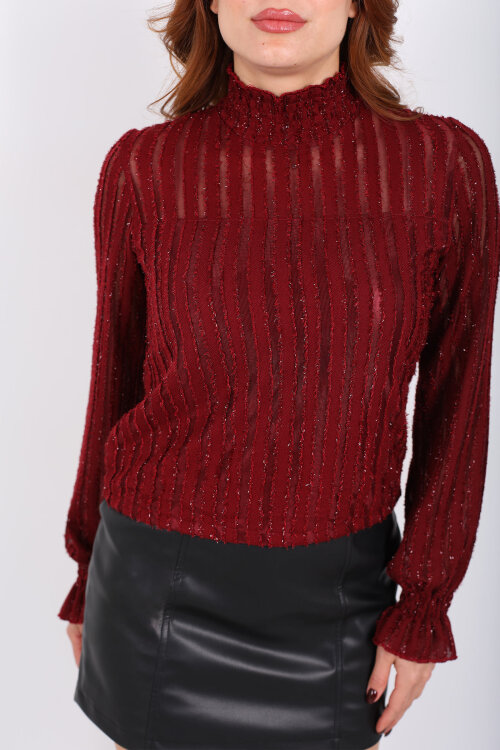 Simli Balıkçı Yaka Bordo Kadın Bluz - Berox (1)