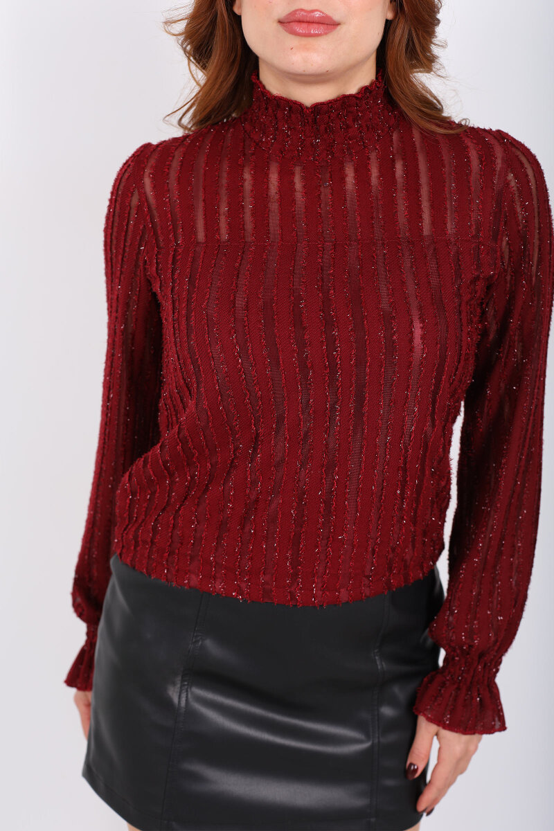 Simli Balıkçı Yaka Bordo Kadın Bluz - 2