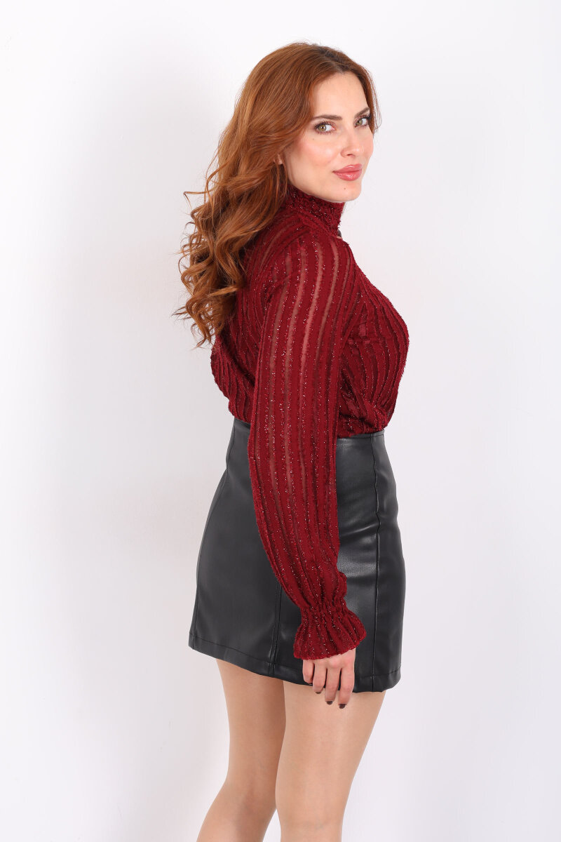 Simli Balıkçı Yaka Bordo Kadın Bluz - 5