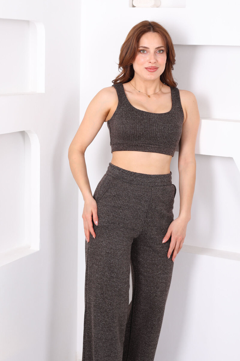 Simli Kahverengi Kadın Crop - Ceket - Pantolon Takım - 5