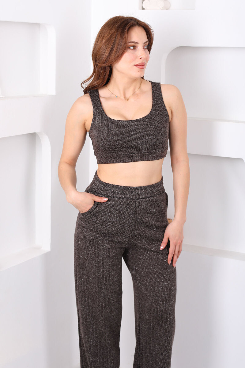 Simli Kahverengi Kadın Crop - Ceket - Pantolon Takım - 2