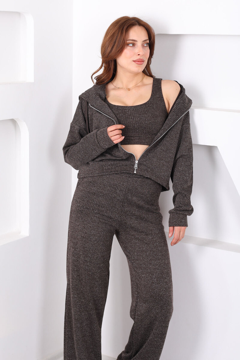 Simli Kahverengi Kadın Crop - Ceket - Pantolon Takım - 1