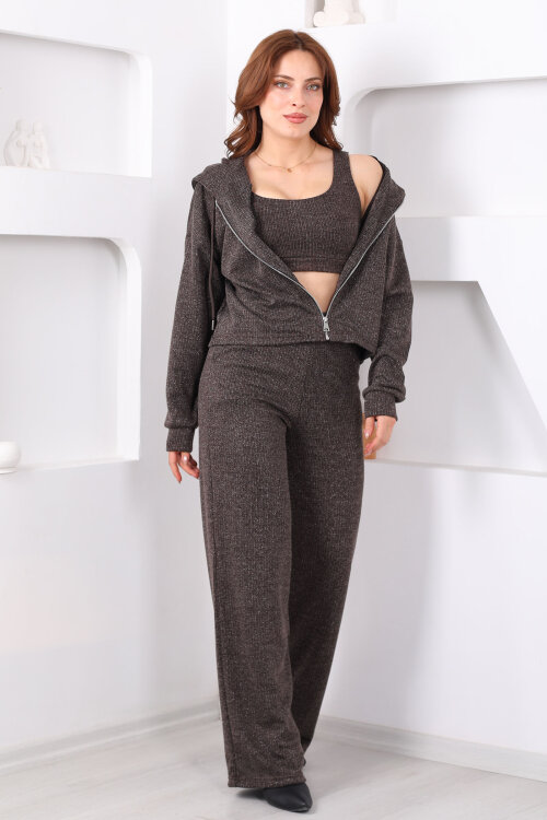 Simli Kahverengi Kadın Crop - Ceket - Pantolon Takım - 3