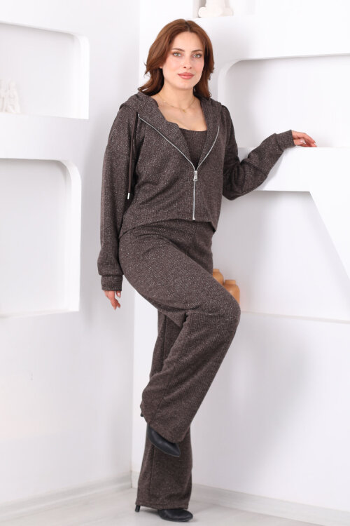 Simli Kahverengi Kadın Crop - Ceket - Pantolon Takım - 8