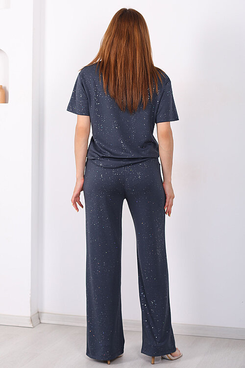 Simli Kısa Kol Bol Paça Kadın Antrasit Modal Takım - 5