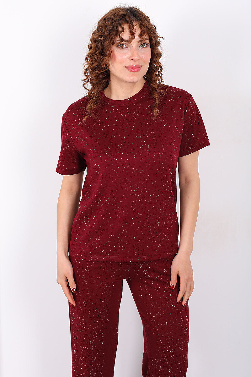 Simli Kısa Kol Bol Paça Kadın Bordo Modal Takım - 6