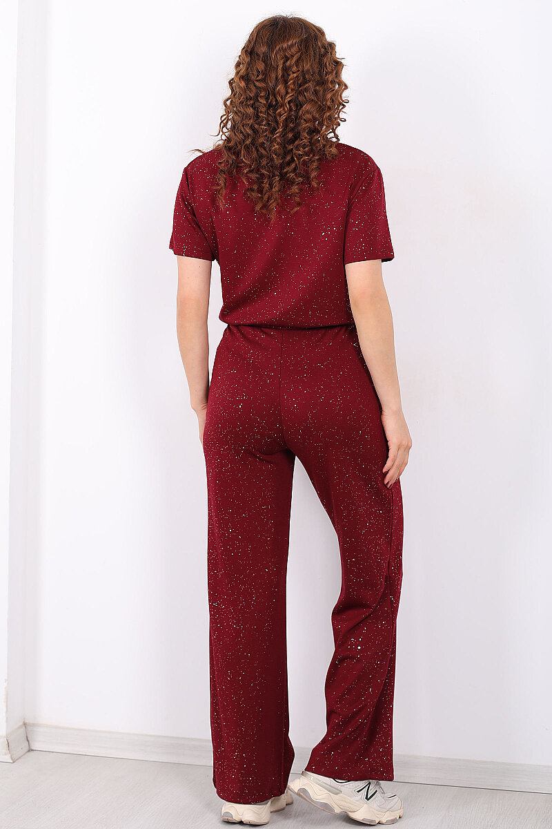 Simli Kısa Kol Bol Paça Kadın Bordo Modal Takım - 5