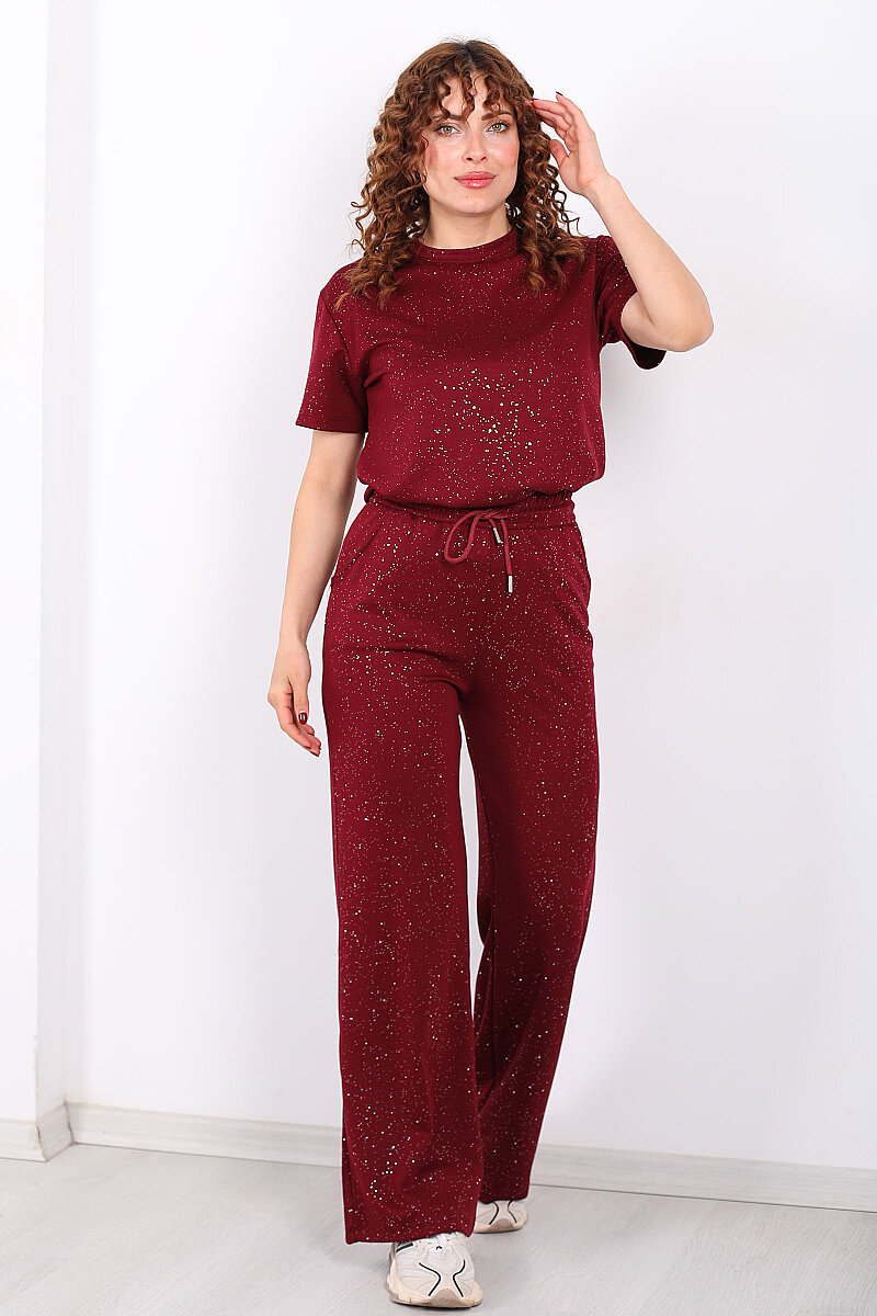 Simli Kısa Kol Bol Paça Kadın Bordo Modal Takım - 3