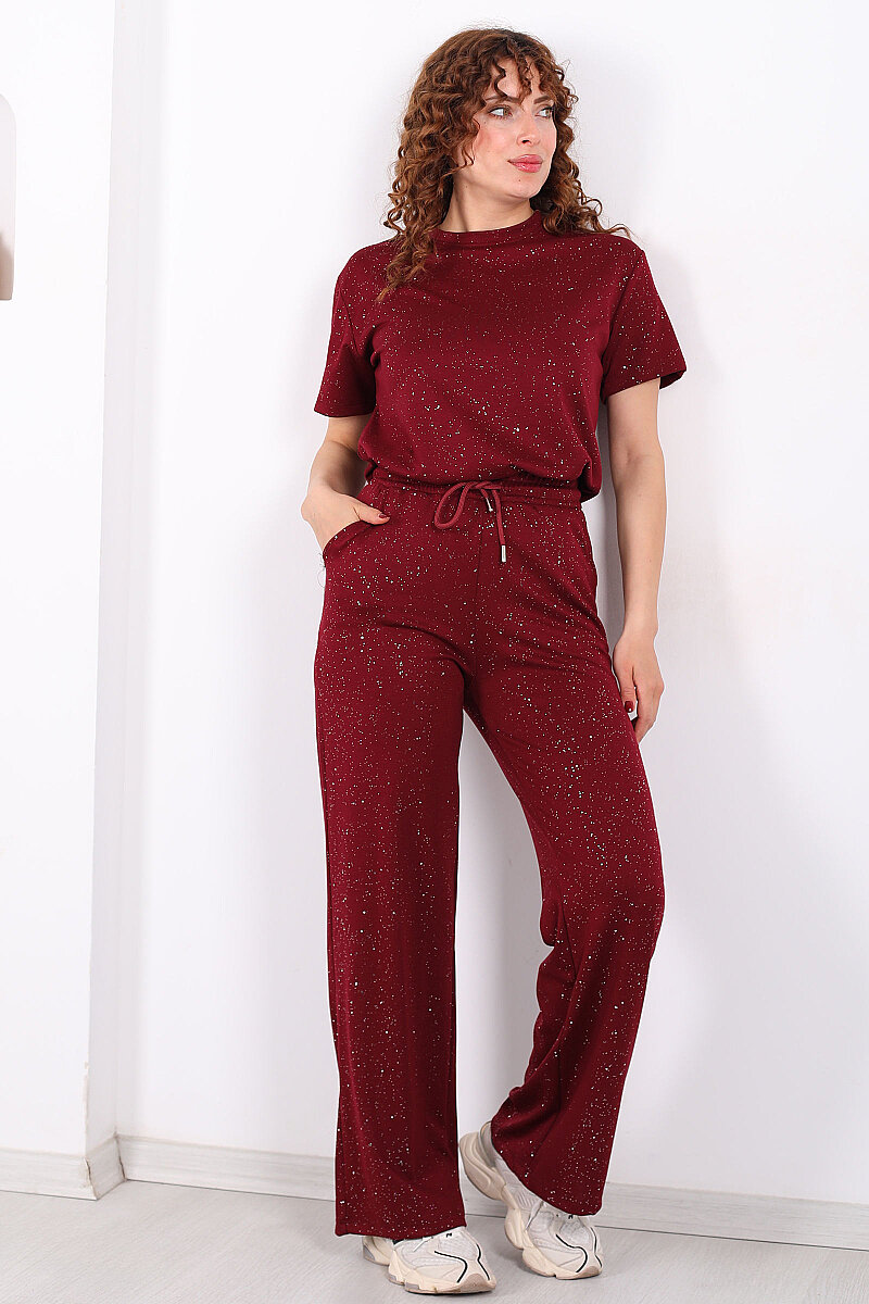 Simli Kısa Kol Bol Paça Kadın Bordo Modal Takım - 7