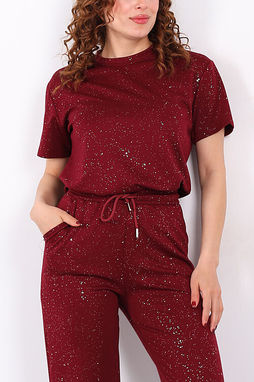 Simli Kısa Kol Bol Paça Kadın Bordo Modal Takım - Berox (1)