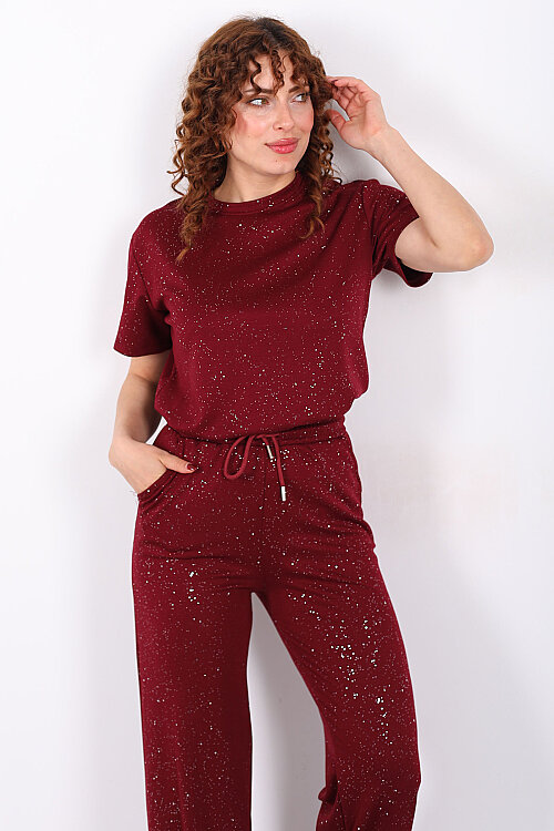 Simli Kısa Kol Bol Paça Kadın Bordo Modal Takım - Berox