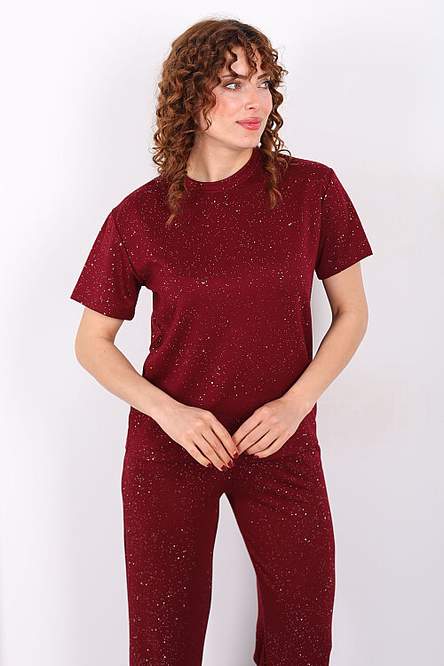 Simli Kısa Kol Bol Paça Kadın Bordo Modal Takım - 4