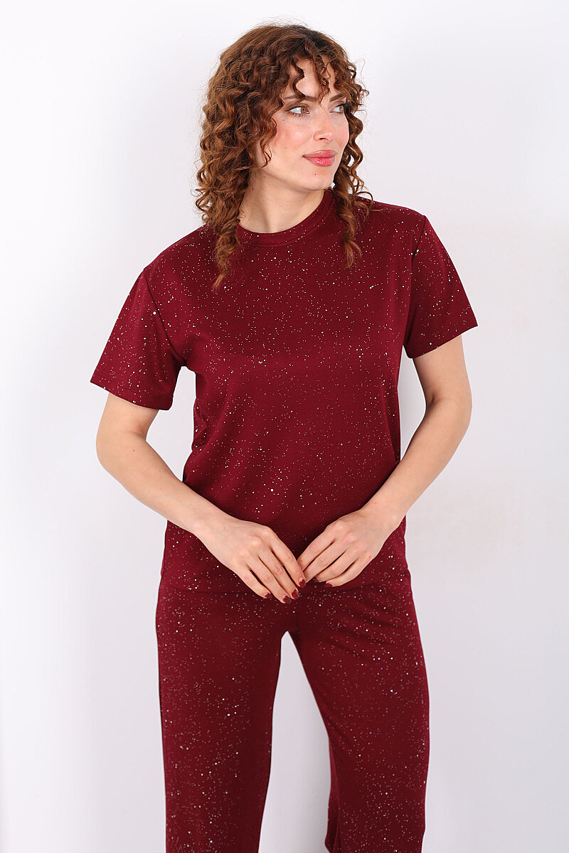 Simli Kısa Kol Bol Paça Kadın Bordo Modal Takım - 4