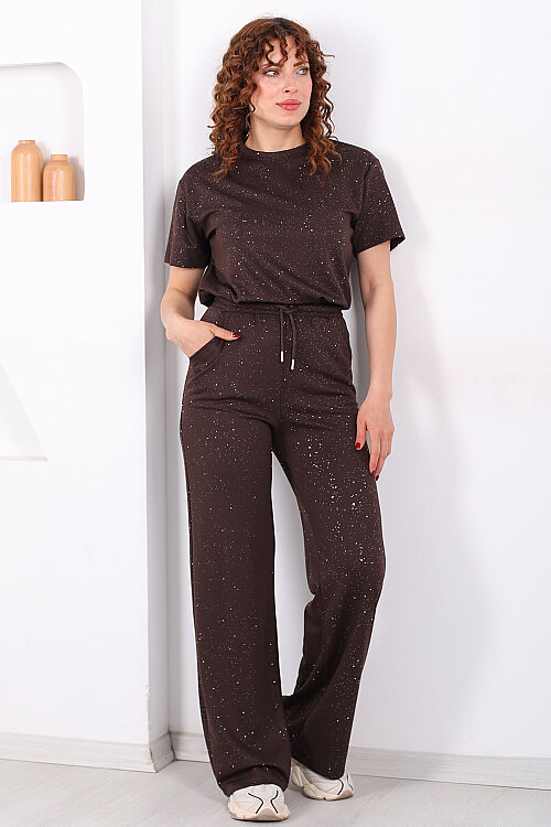Simli Kısa Kol Bol Paça Kadın Kahverengi Modal Takım - 7