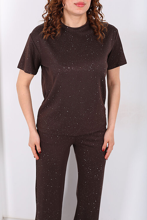 Simli Kısa Kol Bol Paça Kadın Kahverengi Modal Takım - Berox (1)