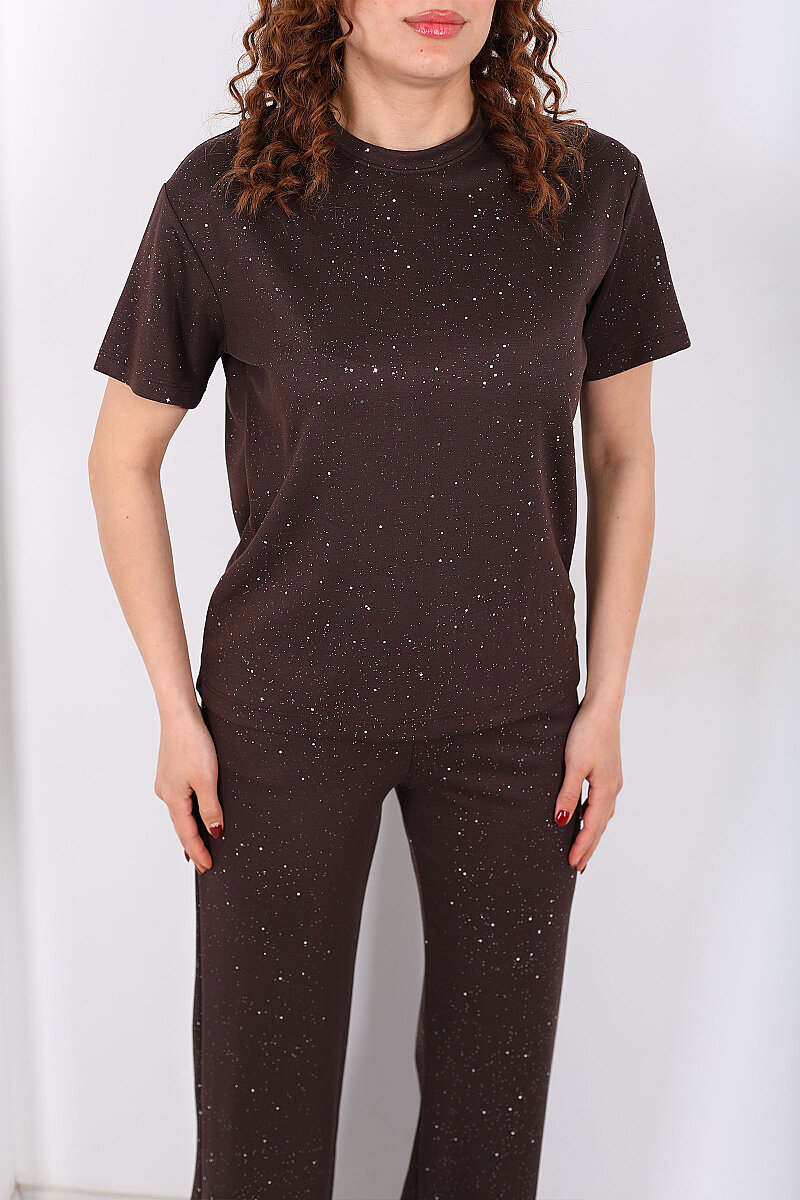 Simli Kısa Kol Bol Paça Kadın Kahverengi Modal Takım - 2
