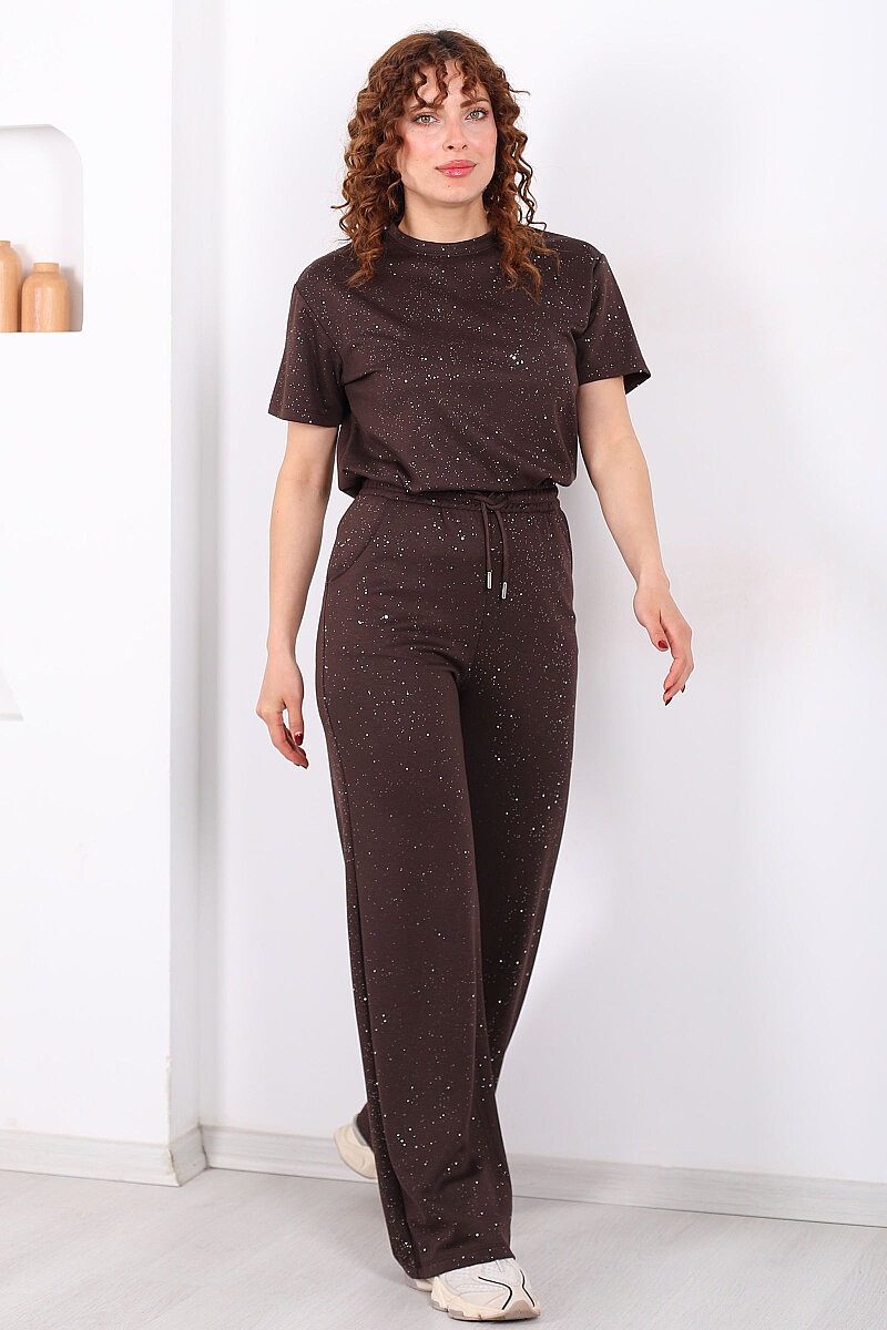 Simli Kısa Kol Bol Paça Kadın Kahverengi Modal Takım - 4