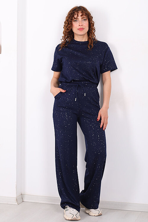 Simli Kısa Kol Bol Paça Kadın Lacivert Modal Takım - 4