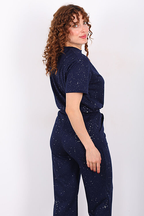 Simli Kısa Kol Bol Paça Kadın Lacivert Modal Takım - 5