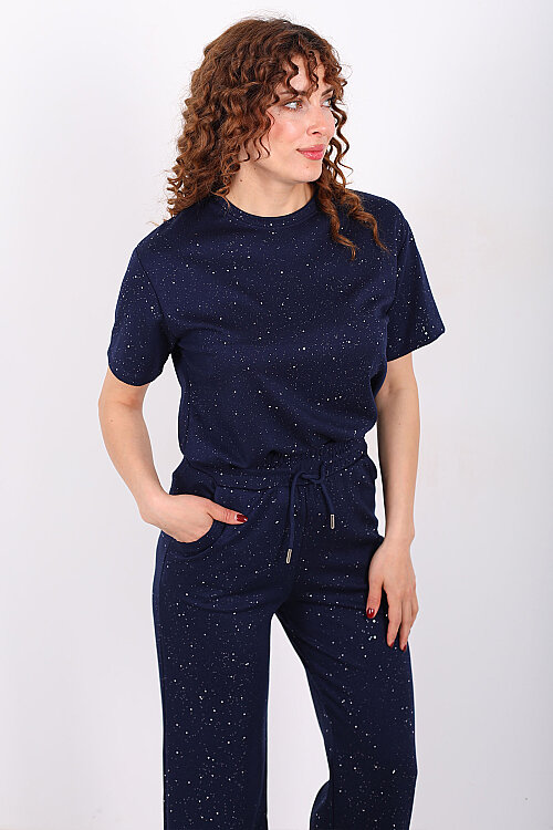 Simli Kısa Kol Bol Paça Kadın Lacivert Modal Takım - Berox