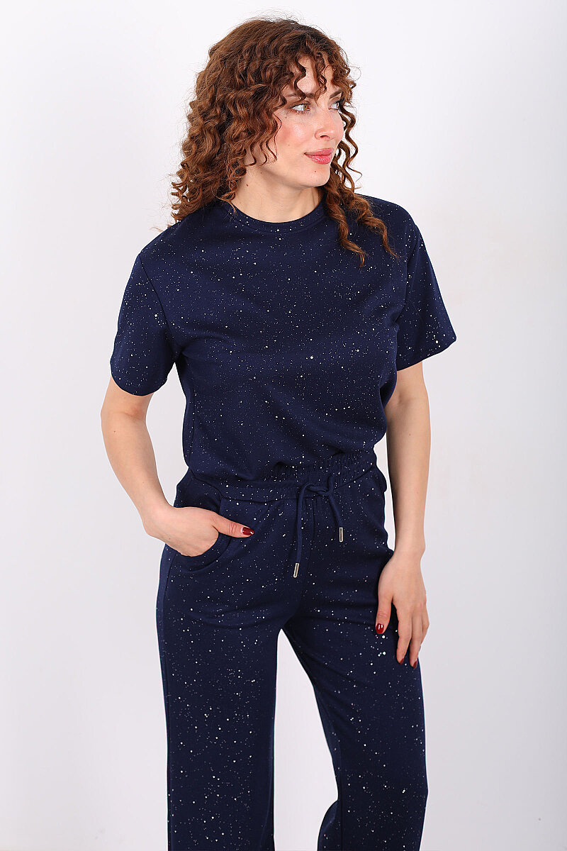 Simli Kısa Kol Bol Paça Kadın Lacivert Modal Takım - 1