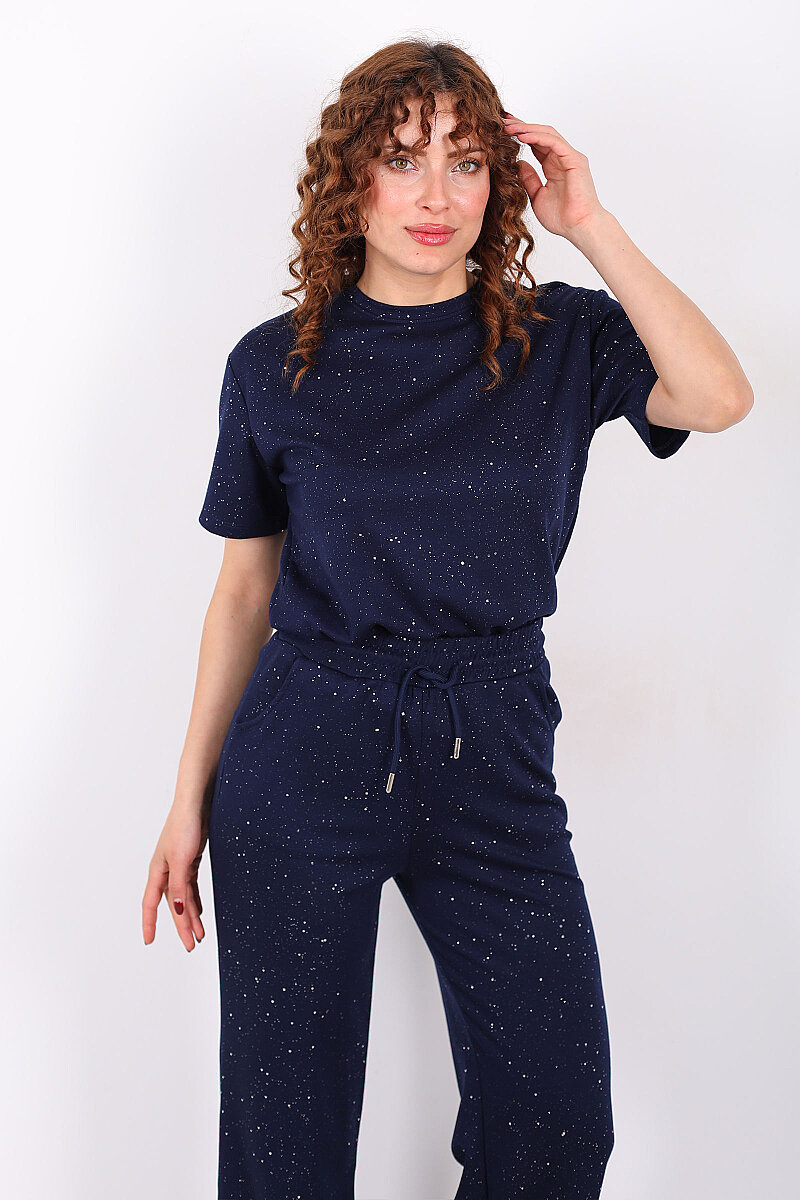 Simli Kısa Kol Bol Paça Kadın Lacivert Modal Takım - 3