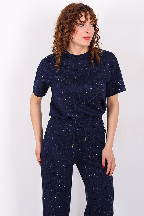 Simli Kısa Kol Bol Paça Kadın Lacivert Modal Takım - 6